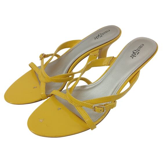 East 5th Yellow Patent Y2K Strappy Heel Sandals Womens 8M Preppy Chic Bold Retro - Picture 1 of 9